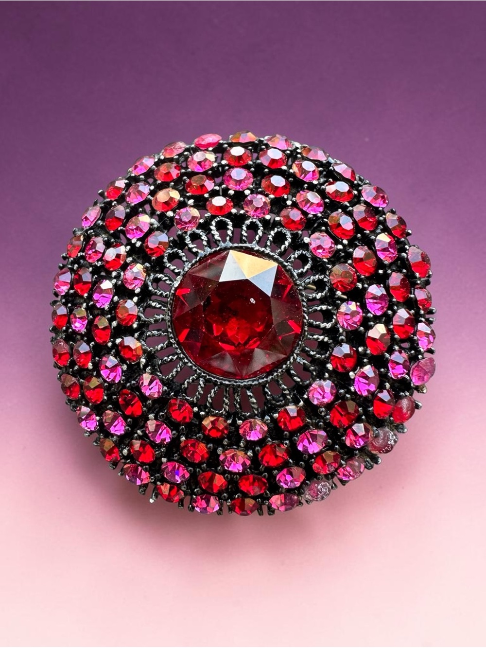 Vintage Ruby Red Rhinestone Dome Brooch